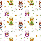 Vector seamless Easter pattern with decorated flowers, carrot, eggs, bear, fox and rabbit. Spring Easter background with colorful characters and decorations.