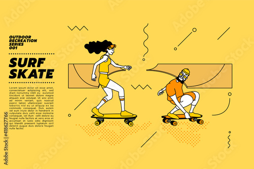 Young couple go surfing with skateboard or surf skate at ramp track or skate park on modern style abstract with composition background.
