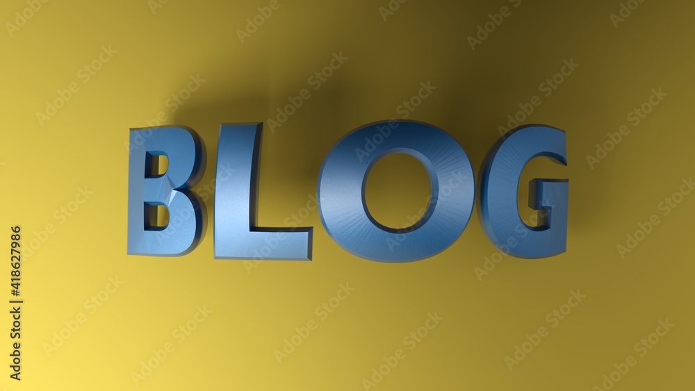 BLOG blue metallic curved write on yellow background - 3D rendering illustration BLOG blue metallic curved write on yellow background - 3D rendering illustration