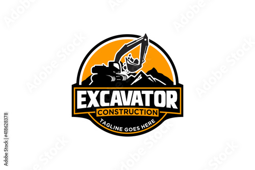 Excavator logo template vector. Heavy equipment logo vector for construction company. Creative excavator illustration for logo template.