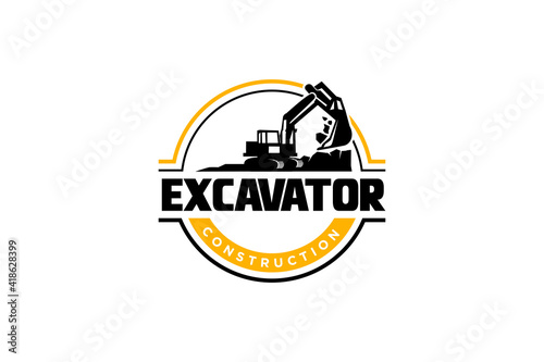 Excavator logo template vector. Heavy equipment logo vector for construction company. Creative excavator illustration for logo template.
