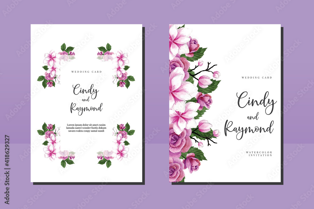 Wedding invitation frame set, floral watercolor hand drawn Magnolia Flower design Invitation Card Template