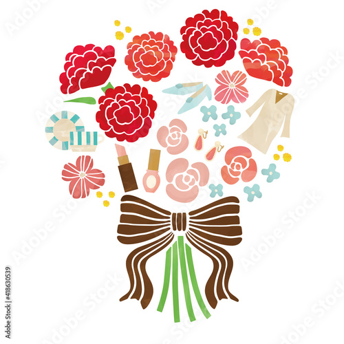 母の日　水彩タッチお花とプレゼントアイテム花束デザイン