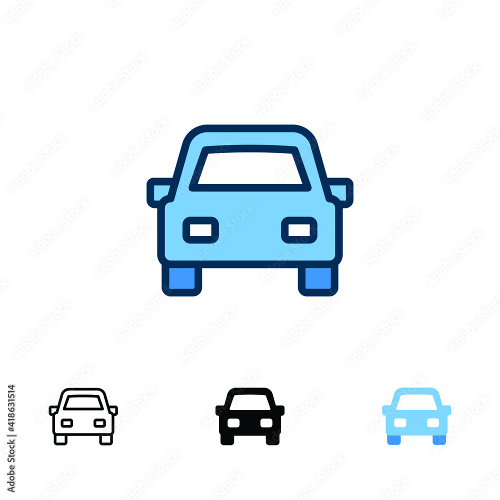 Car front icon in different style. Colored and black color car front view vector icons designed in filled outline, line, glyph and solid style. Vector illustration isolated on white background. EPS 10