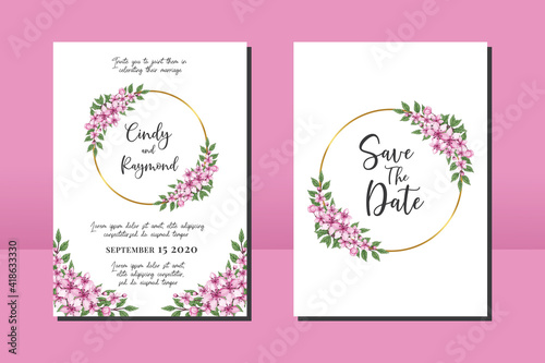 Wedding invitation frame set, floral Sakura watercolor hand drawn Cherry Blossom Flower design Invitation Card Template