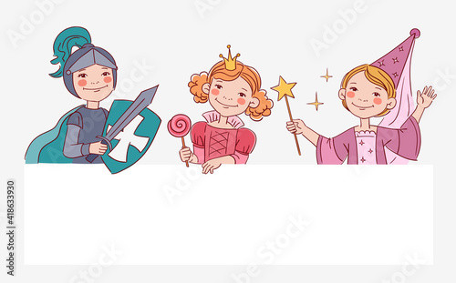 Cute kids in carnival costumes. Vector illustration