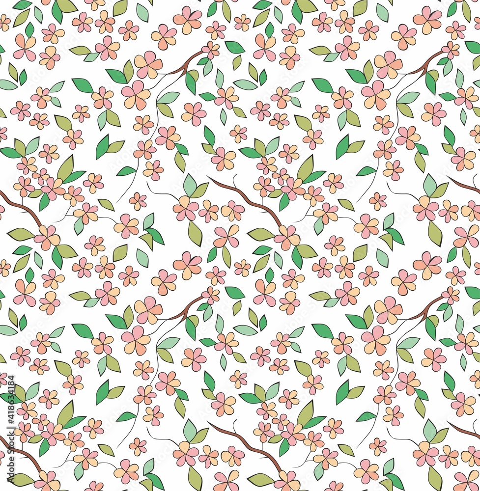 Vector seamless print drawing of beautiful pink flowers with green leaves and branches for wallpaper or large background Vector seamless print drawing of beautiful pink flowers with green leaves and branches for wallpaper or large background