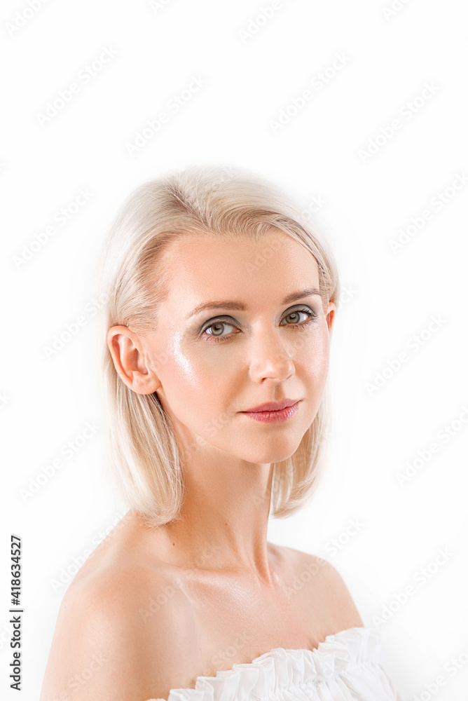 beauty gentle portrait of a beautiful young blonde woman with a cute smile on a white background close up beauty gentle portrait of a beautiful young blonde woman with a cute smile on a white background close up