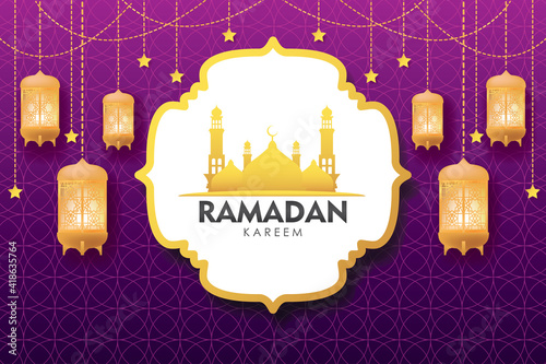 Ramadan Kareem Greeting Card. Golden Mosques, Star, and Lamp on Purple Background Vector Illustration for greeting card, poster and voucher.