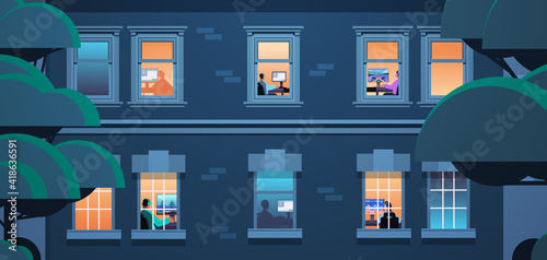 exterior of building with mix race neighbors virtual gamers playing online video games on personal computers at home portrait horizontal vector illustration