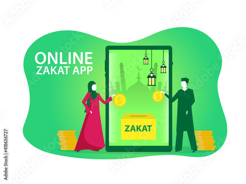 Young Muslim  with online Pay zakat app concept on green background vector.