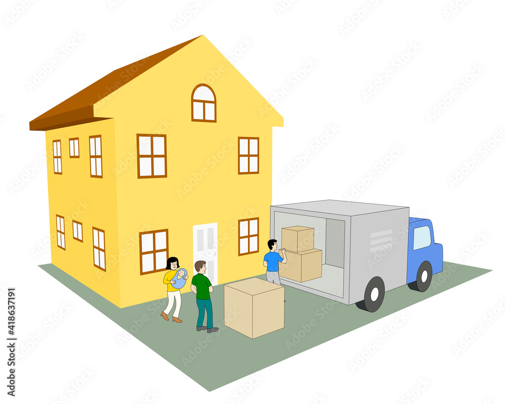 young couple with a newborn moving into a new home, a shipping service worker unloading a truck. 3d illustration isolated on white young couple with a newborn moving into a new home, a shipping service worker unloading a truck. 3d illustration isolated on white