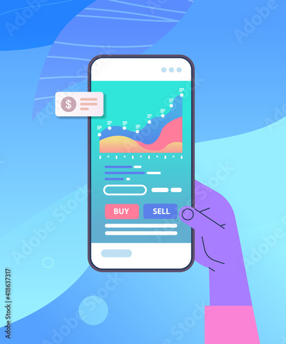 businessperson analyzing statistical information charts and graphs on smartphone screen data analysis process digital marketing planning company strategy concept vertical vector illustration