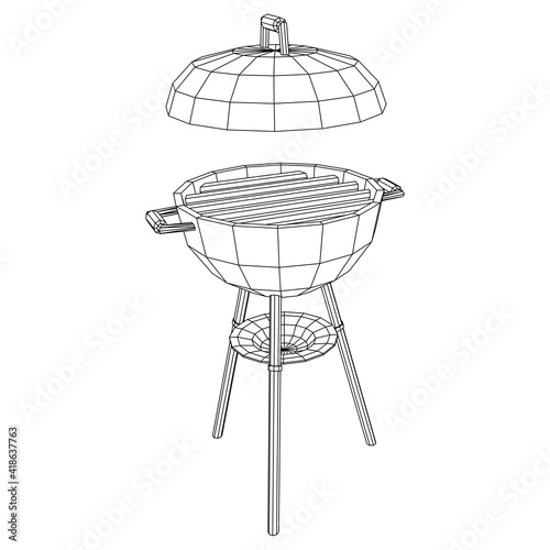 Round barbecue grill. Outdoor bbq party. Wireframe low poly mesh vector illustration