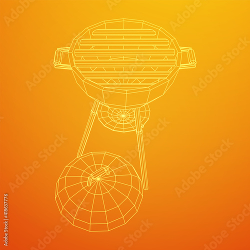 Round barbecue grill. Outdoor bbq party. Wireframe low poly mesh vector illustration