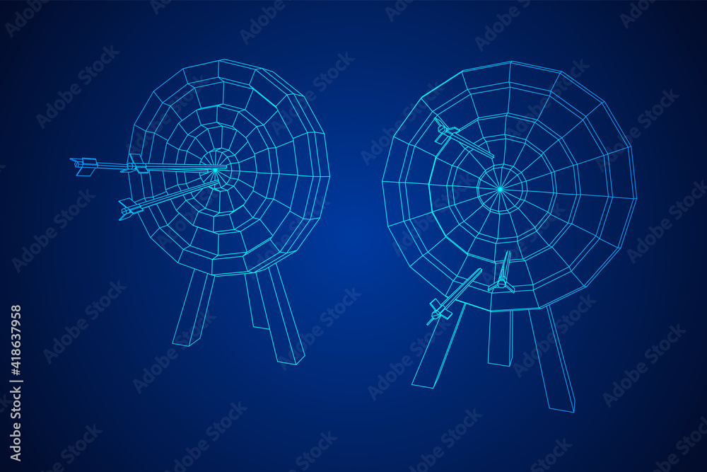 Fototapeta premium Archery target. Arrows hit round target goal concept. Wireframe low poly mesh vector illustration