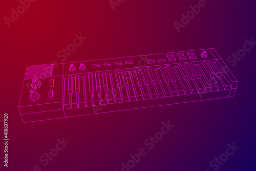 Piano roll analog synthesizer faders buttons knobs. Wireframe low poly mesh vector illustration.