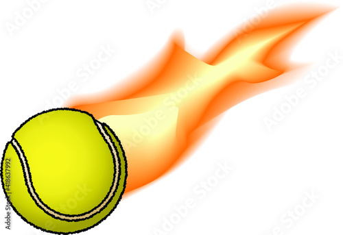 A fuzzy tennis ball trailing fire and flame.