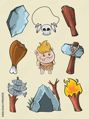 Set of the cute caveman element. stone age concept cartoon in hand drawn