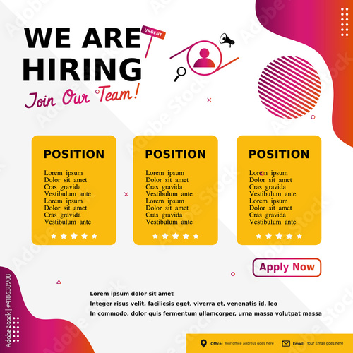 Hiring, Job vacancy design poster.Open recruitment design template. Social media post design layout