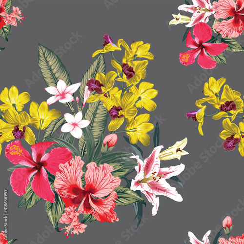 Seamless pattern floral with pink Hibiscus,Frangipani,Orchid and lily flowers abstract background.Vector illustration watercolor hand drawning.