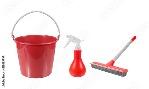 Set of red plastic household, bucket , spray bottle,Window cleaner tool or Glass cleaner isolated on white background with clipping path