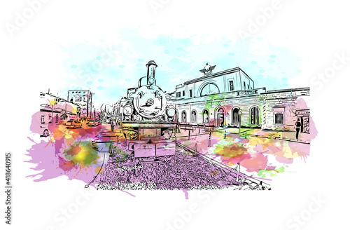building view with landmark of Izmir is a city of Turkey. Watercolour splash with hand drawn sketch illustration in vector.
