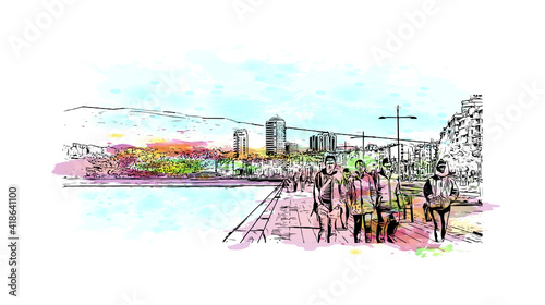 building view with landmark of Izmir is a city of Turkey. Watercolour splash with hand drawn sketch illustration in vector.