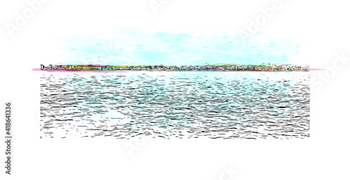 building view with landmark of Izmir is a city of Turkey. Watercolour splash with hand drawn sketch illustration in vector.