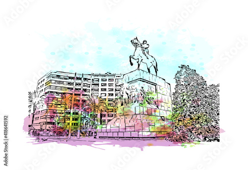 building view with landmark of Izmir is a city of Turkey. Watercolour splash with hand drawn sketch illustration in vector.