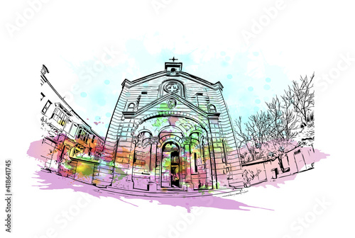 building view with landmark of Izmir is a city of Turkey. Watercolour splash with hand drawn sketch illustration in vector.