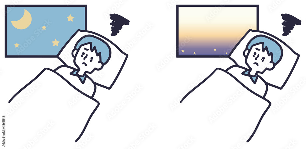 思い詰めて眠れない男性 シンプルイラスト