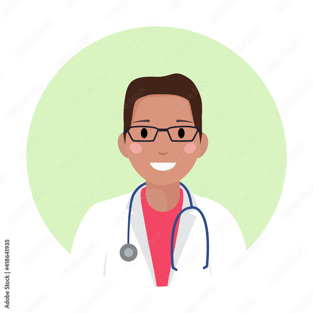 Black young male doctor in medical white coat with glasses and stethoscope. African american physician professional avatar, silhouette, profile, man icon for web site, app. Flat vector illustration.