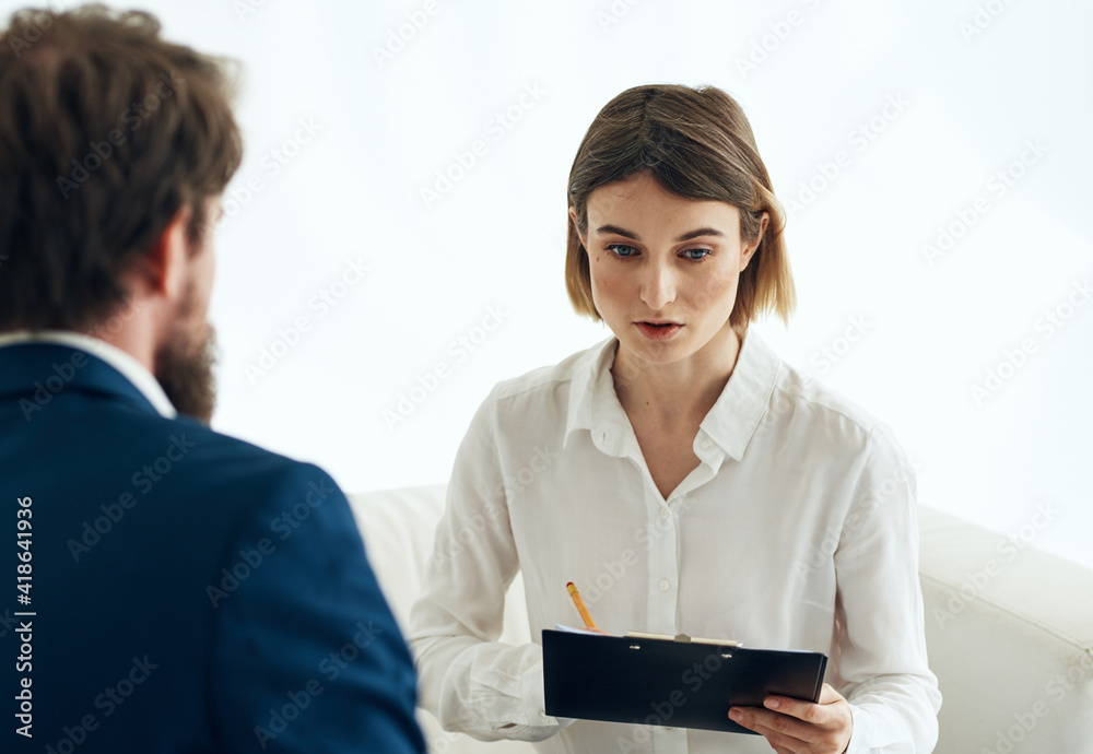 woman and man suit documents communication work woman and man suit documents communication work