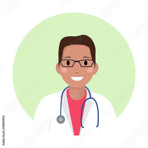 Black young male doctor in medical white coat with glasses and stethoscope. African american physician professional avatar, silhouette, profile, man icon for web site, app. Flat vector illustration. photo