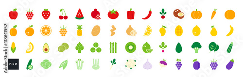 Set of vector flat color icons. Vegetables, fruits and berries isolated on white. Modern design. Healthy food and vitamins