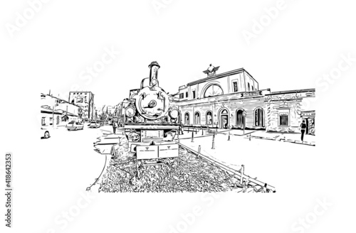 building view with landmark of Izmir is a city of Turkey. Hand drawn sketch illustration in vector.