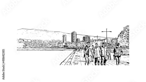building view with landmark of Izmir is a city of Turkey. Hand drawn sketch illustration in vector.