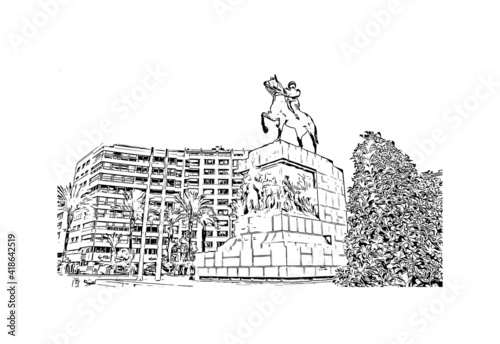 building view with landmark of Izmir is a city of Turkey. Hand drawn sketch illustration in vector.
