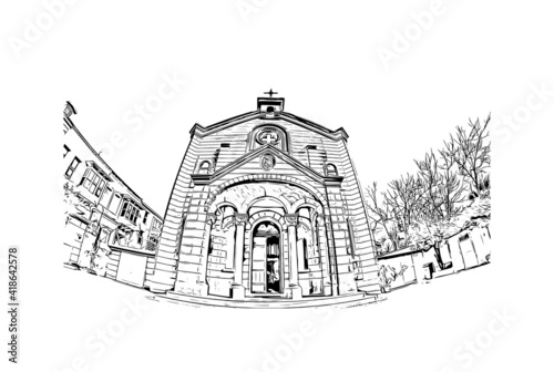 building view with landmark of Izmir is a city of Turkey. Hand drawn sketch illustration in vector.