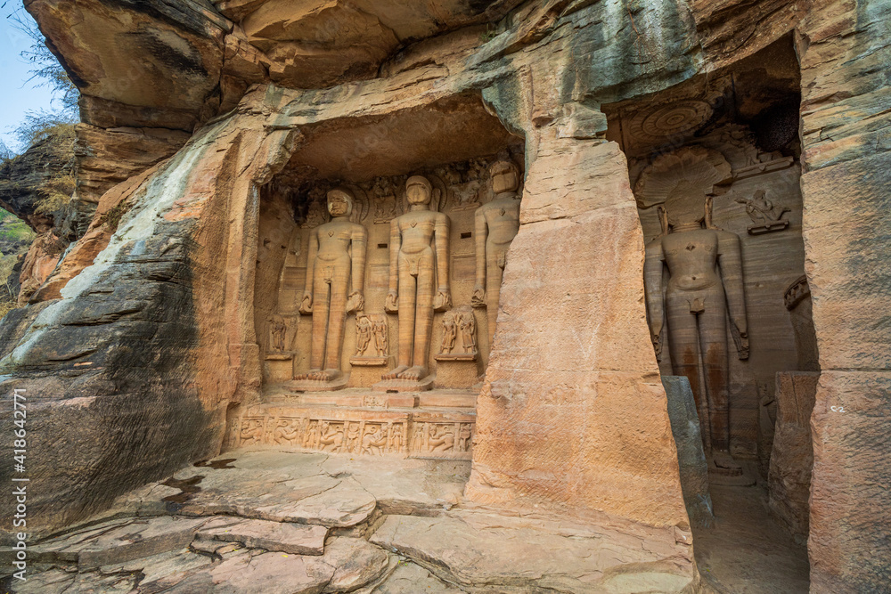 Beautiful Jain Statues carved on the rock near Gwalior Fort, Gwalior, Madhya Pradesh, India