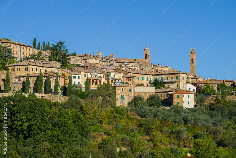 Landscape of the medieval town of Montalcino on a sunny September day. Italy