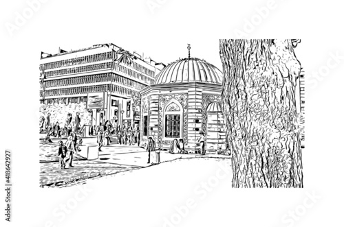 building view with landmark of Izmir is a city of Turkey. Hand drawn sketch illustration in vector.