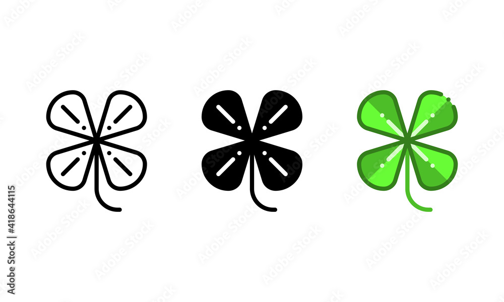 Clover leaf icon. With outline, glyph, and filled outline styles