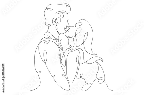 Romantic hugs of lovers. Close relationships, tenderness, emotions. Hugs of a couple. Embrace. One continuous drawing line logo single hand drawn art doodle isolated minimal illustration.