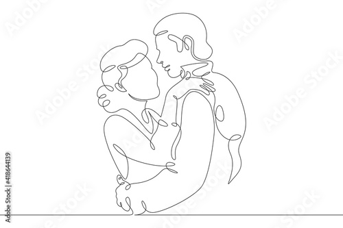 Romantic hugs of lovers. Close relationships, tenderness, emotions. Hugs of a couple. Embrace. One continuous drawing line logo single hand drawn art doodle isolated minimal illustration.