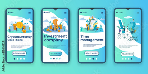 Cryptocurrency, Investment, Time management, Consulting center.A set of UI, UX interfaces for smartphone screens.Features of adaptive design.Flat vector illustration.