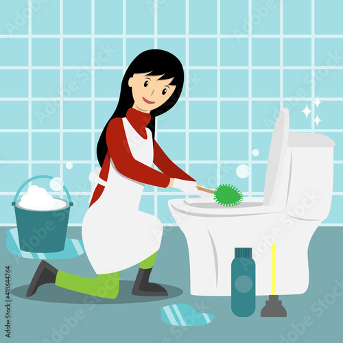 Young woman cleaning the bathroom scrubing the toilet vector