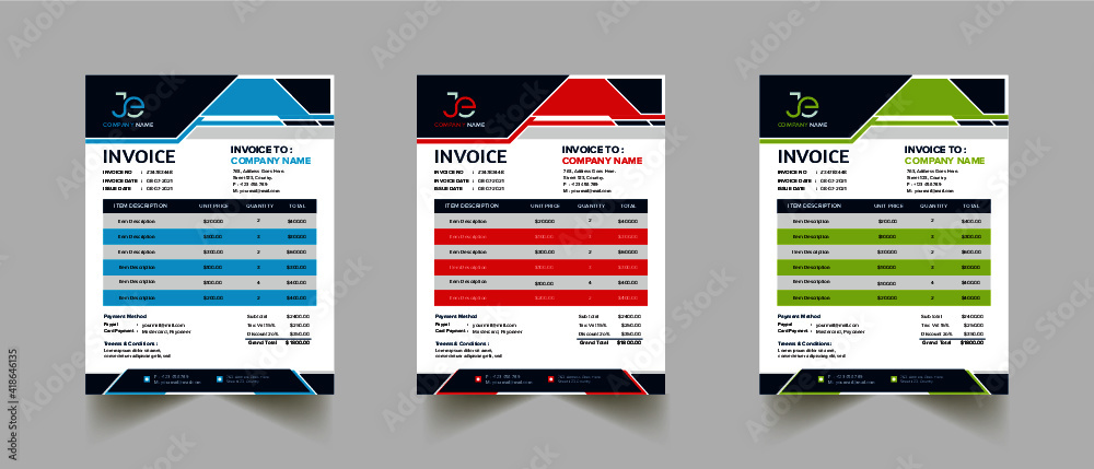 Creative Abstract corporate business invoice template design with red, blue and green shape Premium Vector.