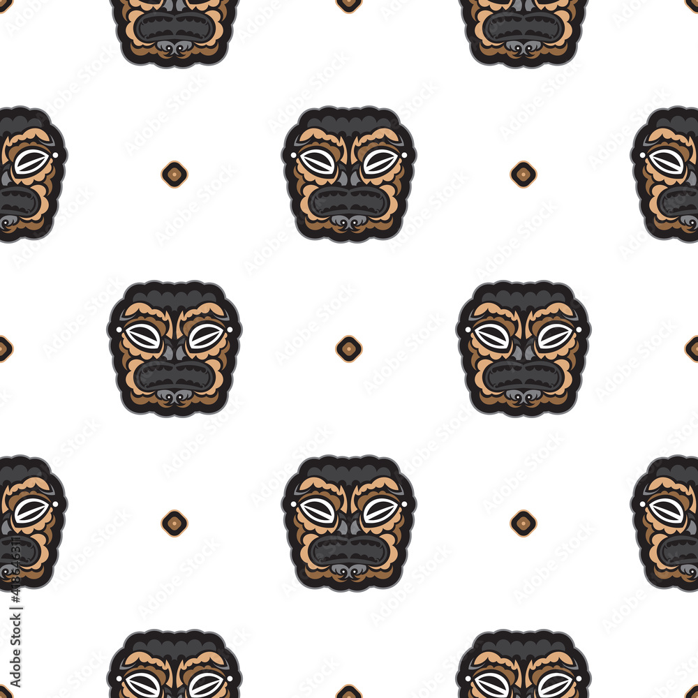 Seamless pattern with the face of the Polynesian tribesmen. Good for prints, backgrounds, postcards, wrapping paper, and textiles. Vector